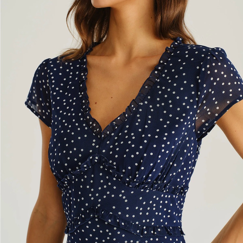 Rihoas Navy Polka Dot Cap Sleeve Midi Dress - Picture 2 of 6